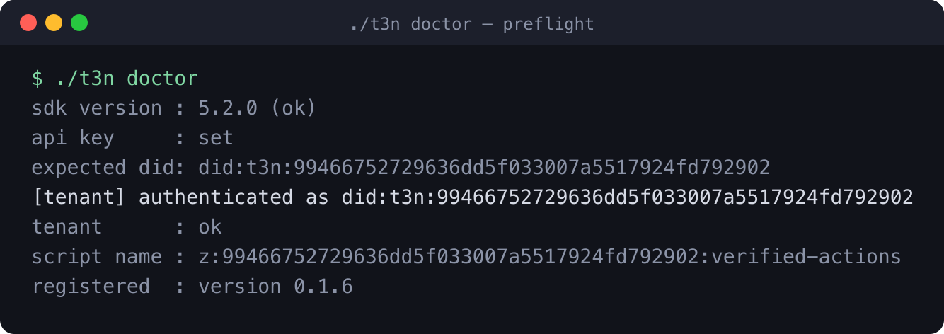./t3n doctor reports SDK version, key, DID match, tenant admission and registered version.