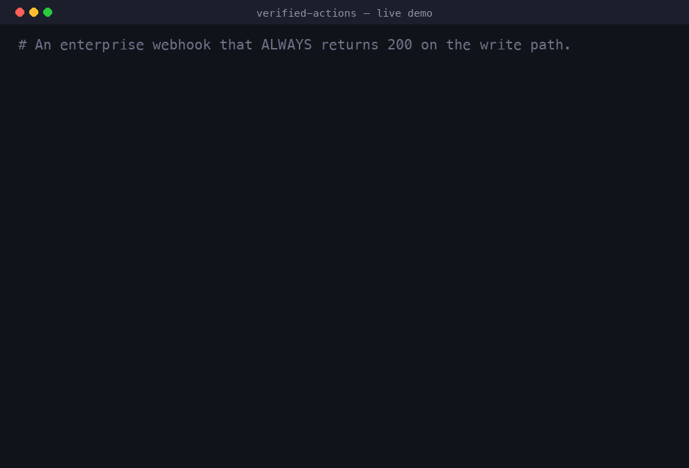 Terminal replay: a webhook returns 200, the contract records pending_verification, an independent read-back marks it unverified, and replaying the same idempotency key makes no second call.